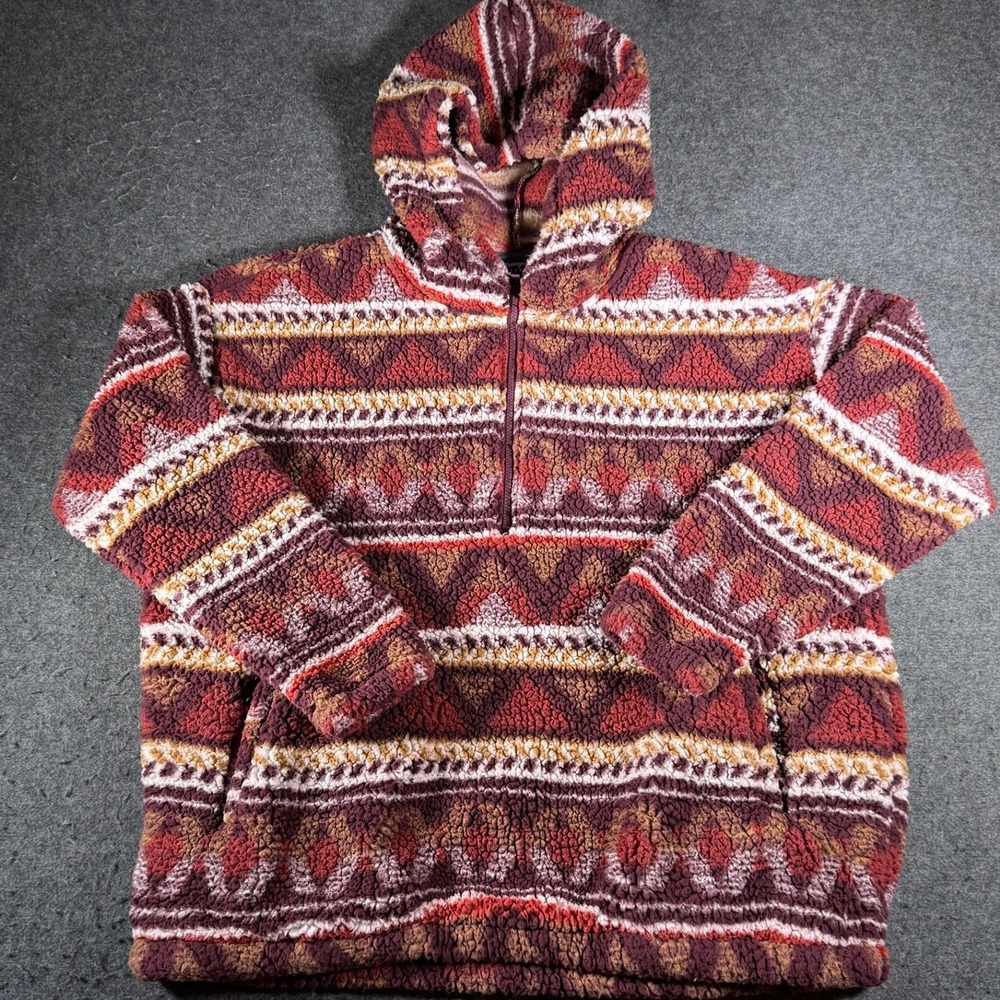 Wrangler Retro Mens XXL Southwestern Sherpa Fleece Quarter Zip Hoodie Burgundy